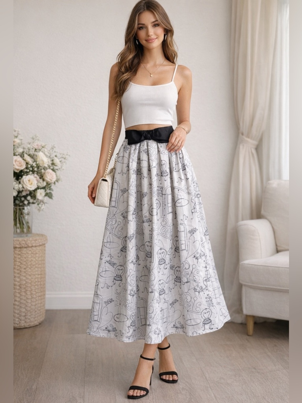 Her Destiny Paris Black and White  Printed Maxi Skirt with Black Waist Bow
